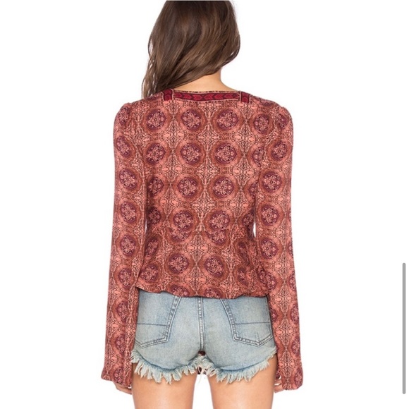 Free People Time of Your Life Bell Sleeve, Boho Top in Coral Combo - Picture 6 of 7